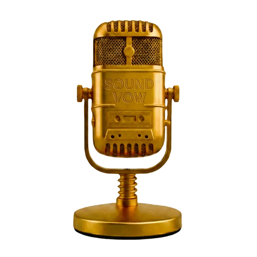 Gold microphone with 'SOUND VOW' branding on a white background